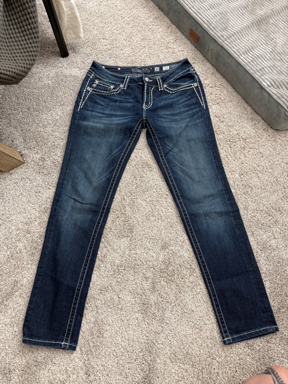 Miss Me Straight Leg Jeans in Dark Indigo with White Stitching